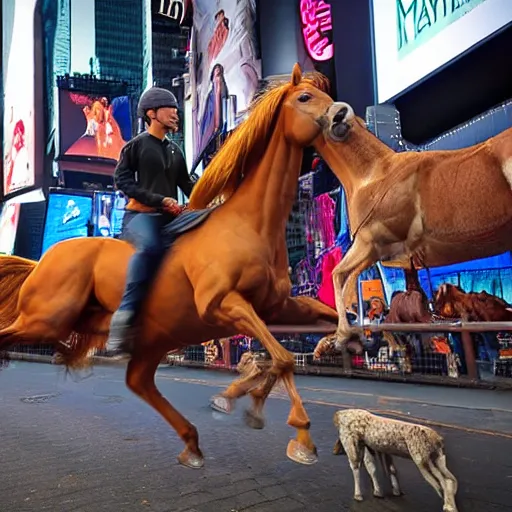 Image similar to an extremely realistic photograph of a centaur with the head mane and torso of a horse, but human legs running through times square