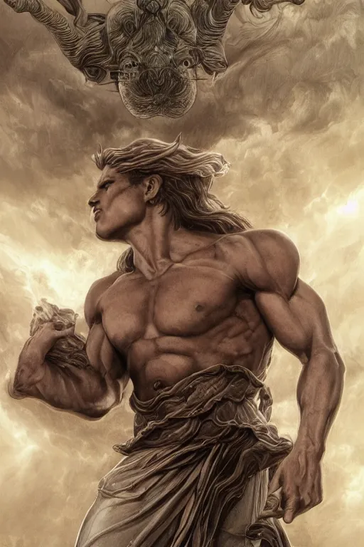 Image similar to Dog as a god, detailed face, gorgeous, amazing, flowing hair, very muscular male body, partial anatomy, stormy background, crepuscular ray, intricate, highly detailed, 8K, digital painting, fantasy, artstation, concept art, sharp focus, over-shoulder shot, illustration, art by Wayne Barlowe, hajime Sorayama alphonse mucha