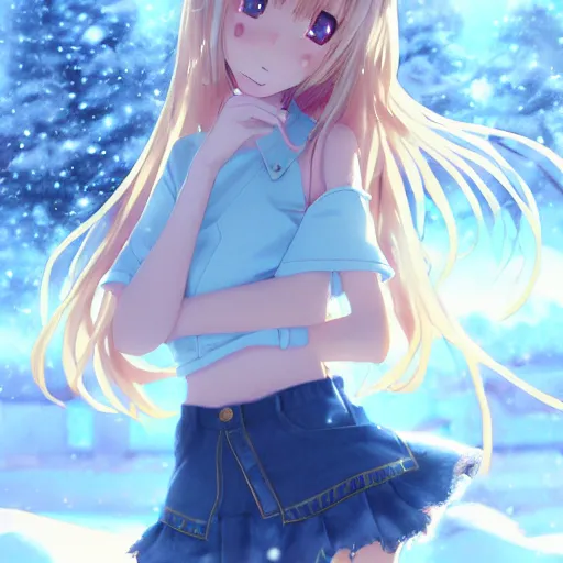 Image similar to a very beautiful anime girl, full body, long golden hair, sky blue eyes, full round face, short smile, mini jeans skirt, cute top, winter setting, cinematic lighting, medium shot, mid-shot, highly detailed, trending on Artstation, Unreal Engine 4k, cinematic wallpaper by Stanley Artgerm Lau, WLOP, Rossdraws, James Jean, Andrei Riabovitchev, Marc Simonetti, and Sakimichan