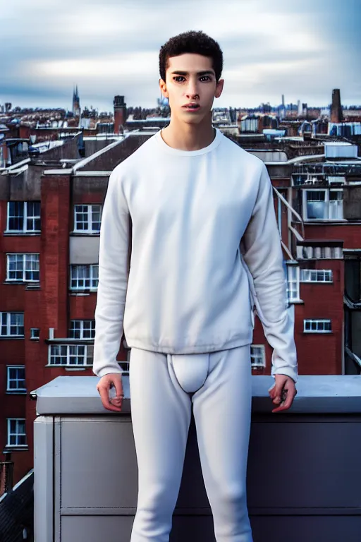 Image similar to un ultra high definition studio quality photographic art portrait of a young man standing on the rooftop of a british apartment building wearing soft padded silver pearlescent clothing. three point light. extremely detailed. golden ratio, ray tracing, volumetric light, shallow depth of field. set dressed.