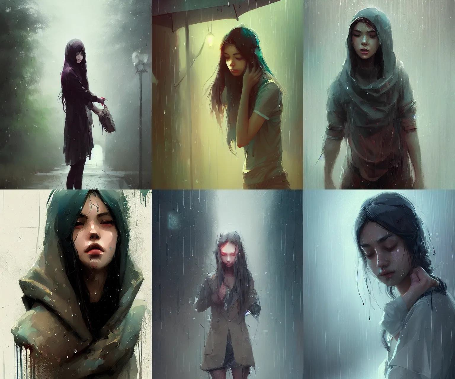 Prompt: sorrowful beauty with fair complexion weeping in the rain, face, ismail inceoglu, artgerm, artstation, cinematic