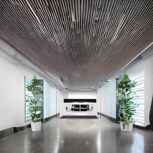 Prompt: interior photography of a futuristic luxurious Microsoft Samsung flagship store, black walls, wood, polished concrete, spotlights, verdant plant wall, white neon wash, award winning interior design, patterns and textures, retaildesignblog, dezeen, 14mm, 8k, cinestill, pentax, film