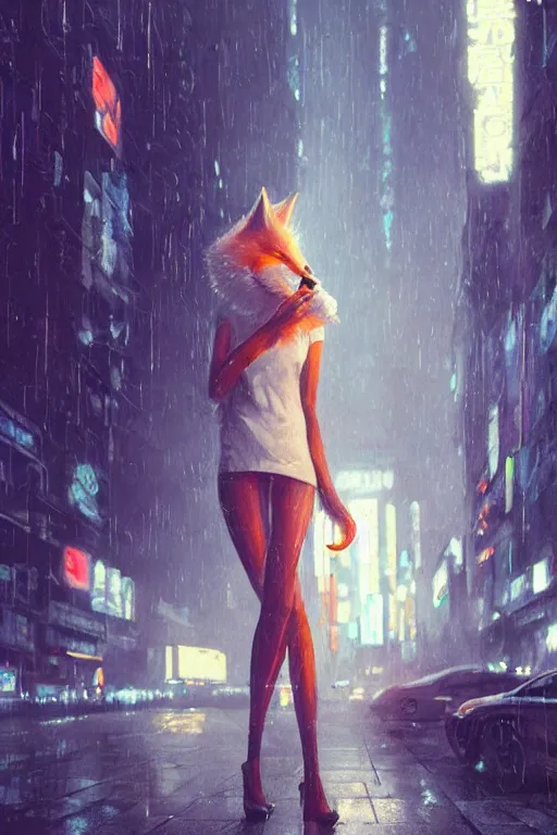 Image similar to beautiful portrait of a tall, shapely white female anthro fox smoking a cigarette in a blurred out crowd, rainy city street, cyberpunk clothes, cyberpunk, harsh neon lights, highly detailed, sharp focus, digital painting, illustration, trending on artstation, art by sakimichan, wlop, greg rutkowski