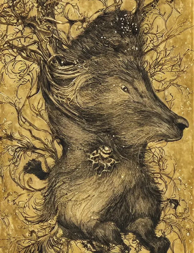 Prompt: animal deity of first frost. this ink wash and goldleaf work by the beloved children's book illustrator has interesting color contrasts, plenty of details and impeccable lighting.