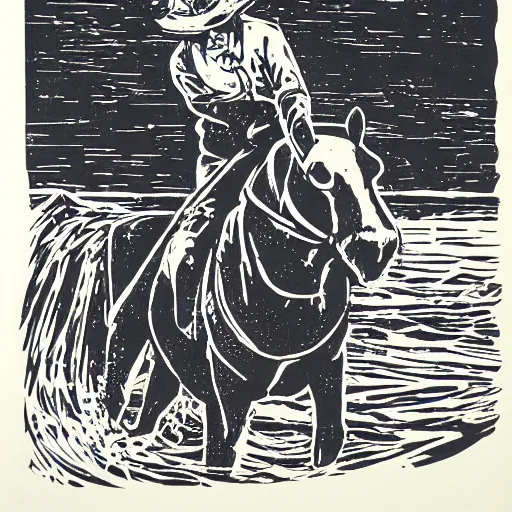 Image similar to a sea otter rancher riding on horseback, linocut print