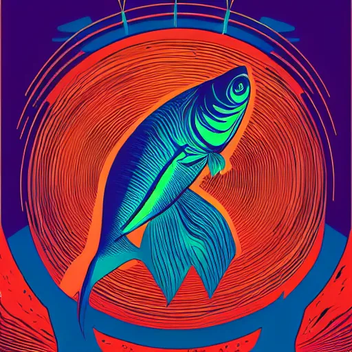 Image similar to one stylized fish in center of view, viewed in profile, dark ocean, complex patterns, artstation, intricate, realistic, highly detailed, digital painting, concept art, sharp focus, illustration by tom whalen and charles williams and kilian eng and james jean