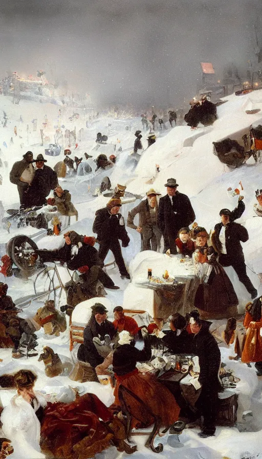 Image similar to still life painting of birthday party getting hit by blizzard, by Peder Krøyer, golden hour, dramatic lighting, epic, gargantuan, intricate detail, canvas print