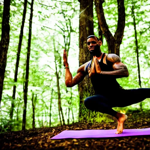 Image similar to lebron james doing yoga in the forest, videogame still, portrait, 4 0 mm lens, shallow depth of field, close up, split lighting, cinematic