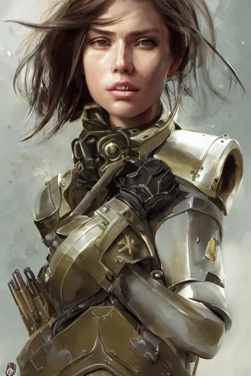 Prompt: a professionally painted portrait of an attractive young woman clothed in military-style battle armor, olive skin, long dark hair, beautiful bone structure, symmetrical facial features, intricate, elegant, hero shot, digital painting, concept art, smooth, sharp focus, illustration, finely detailed, from Metal Gear by Ruan Jia and Mandy Jurgens and Artgerm and William-Adolphe Bouguerea, award winning, trending on Artstation