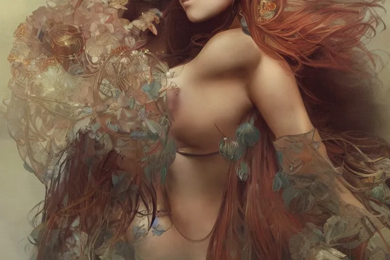 Image similar to elaborately ultradetailed close up portrait of an extremely beautiful girl, artstation, concept art, smooth, sharp focus, illustration, art by alphonse mucha and tian zi and WLOP