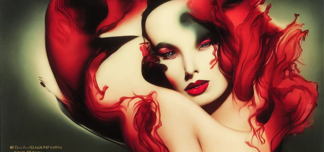 Image similar to an 8 0 s portrait of a woman with dark eye - shadow and red lips with dark slicked back hair dreaming acid - fueled hallucinations by serge lutens, rolf armstrong, delphin enjolras, peter elson