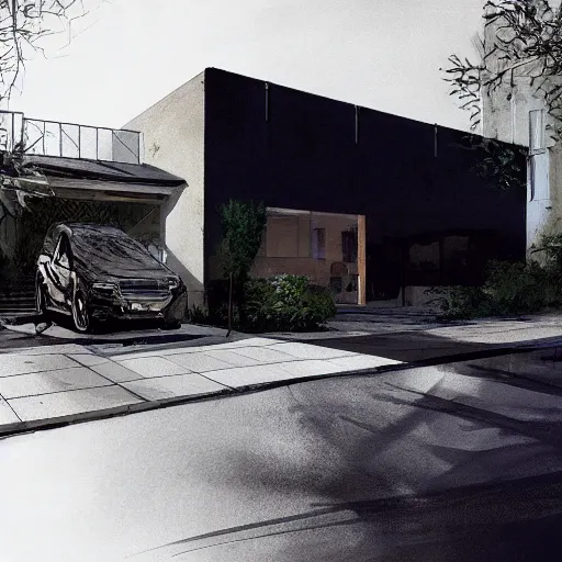 Prompt: a black van parked in front of an expensive modern house in a nice neighborhood, dramatic lighting, illustration by Greg rutkowski, yoji shinkawa, 4k, digital art, concept art, trending on artstation