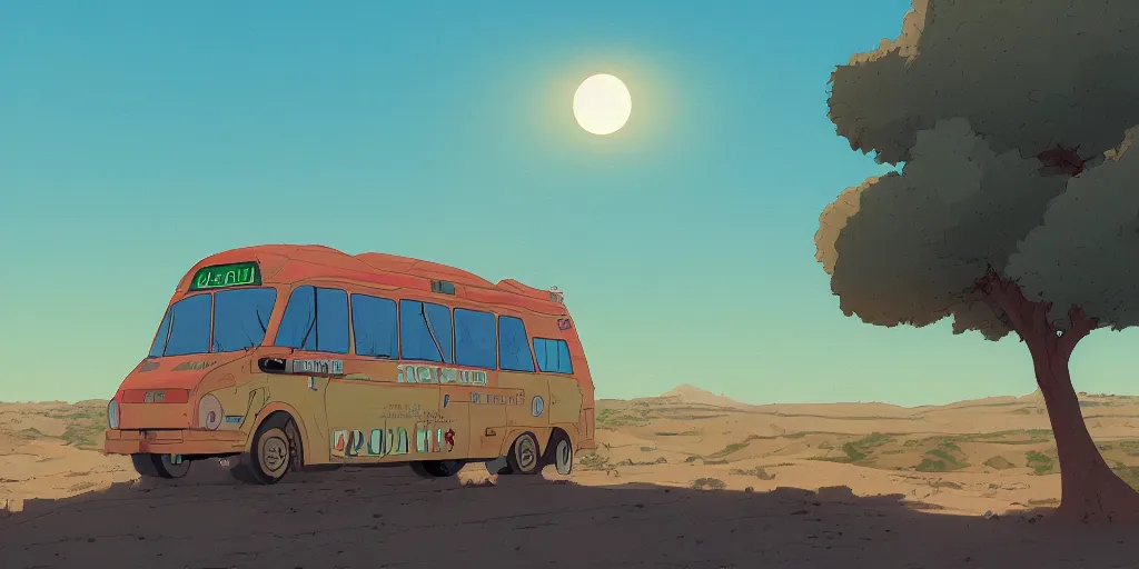 Image similar to an israeli bus driving in the negev, noon, sunlights, wide shot, digital art, ghibli style, vivid colors, flat colors, trending on artstation, high quality