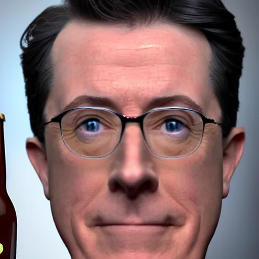 Image similar to stephen colbert face inside!!!! a clear beer bottle!!!!!, 8 k, ultra realistic details