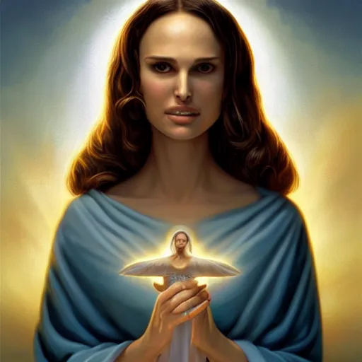 Image similar to a painting of Natalie Portman as the Messiah by Ross Tran, Bruce Timm and Vladimir Kush, highly detailed digital art, holy aura, serene expression