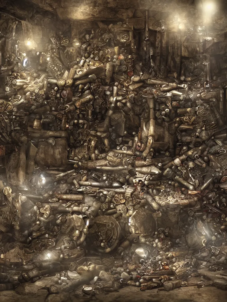 Image similar to pile of revolvers and bullets in a dungeon , ultrarealistic, intricate details, 4k, concept art, dark fantasy