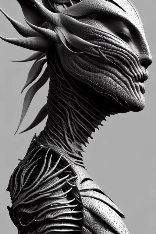 Image similar to bw close - up profile face, black background, beautiful young porcelain vegetal - dragon - cyborg - female, 1 5 0 mm, beautiful natural soft rim light, silver gold details, magnolia leaves and stems, roots, mandelbot fractal, elegant, ultra detailed, white metallic armour, octane render, h. r. giger style