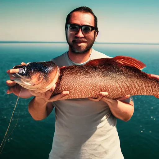 Image similar to A photo of a man holding the world's longest fish, realistic, ultra high detail, 8k.