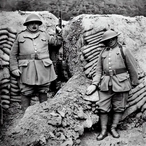 Prompt: Fat guy as a soldier, ww1 trench, war photo, film grain