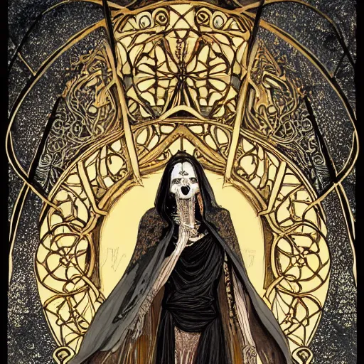 Image similar to a skeleton in a black cloak, highly detailed, very intricate, art nouveau, gold filigree, tarot concept art watercolor illustration by mandy jurgens and alphonse mucha and alena aenami, featured on artstation