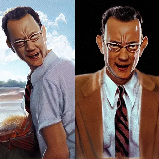 Image similar to tom hanks as forrest gump with a giant shrimp around the neck, photorealistic, cgsociety, artstation