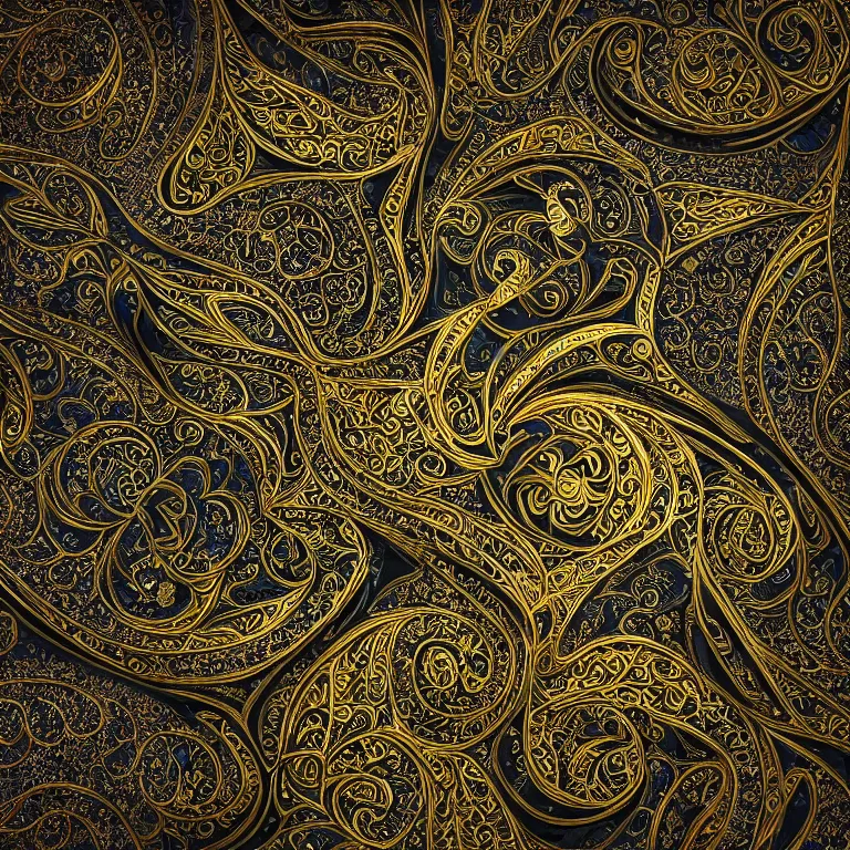 Prompt: arabic ornament with mystic birds and flowers, highly detailed, photorealistic, octan render, 3 d, gold on black nackground, fractal, mandelbrot,
