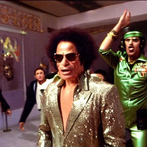 Image similar to A movie still of Muammar Gaddafi wearing a disco suit in Satuday Night Fever