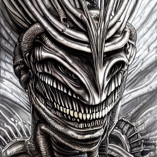 Image similar to Giger portrait of queen dragon, HD, soft shading, hyperdetailed, wide angle lens, fantasy, futuristic horror, style of giger