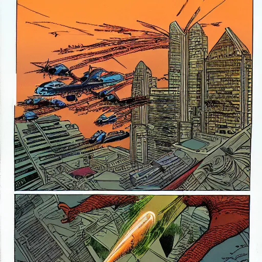 Image similar to singapore under attack, by moebius