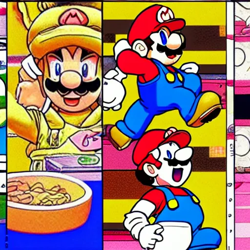 Image similar to super mario in everyday clothes cooking pasta for princess peach, sprite, vaporwave nostalgia, directed by beat takeshi, visual novel cg, 8 0 s anime vibe, kimagure orange road, maison ikkoku, sketch by akira toriyama