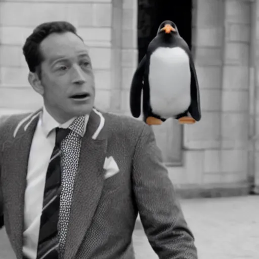 Image similar to A film still of a penguin in a suit, in a suit, in a suit, in a suit