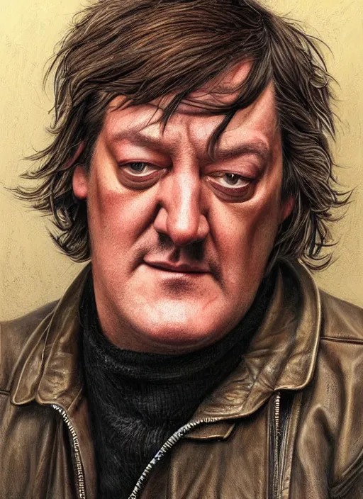 Image similar to portrait of stephen fry, gritty, dark, wearing a leather jacket, very detailed eyes, hyperrealistic, very detailed painting by Glenn Fabry, by Joao Ruas, by Artgerm