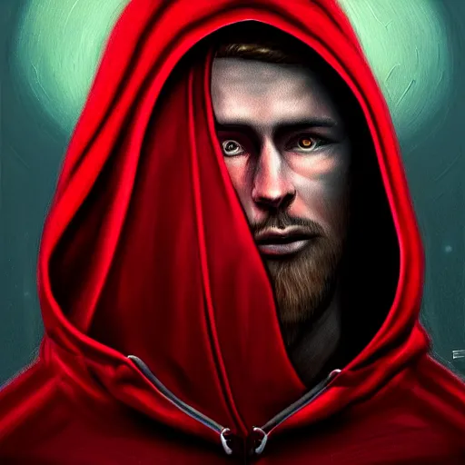Prompt: painting of a man in a dark red hooded cloak with the universe as his face, fantasy, artstation, cgsociety, ultra high detail, stylized, centered, medium shot