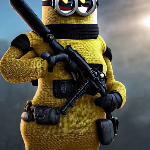 Image similar to minion styled tactical gear armor, 8 k shot, hd photo, reflection on metal