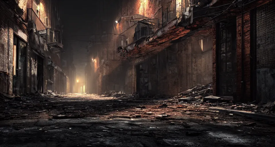 Image similar to looking down the crumbling street of an abandoned city at night, 3 d video game, gritty atmosphere, urban, octane render, unreal engine 5, moody colors, trending on artstation, ultra high detail, ultra realistic, cinematic, focused, 8 k