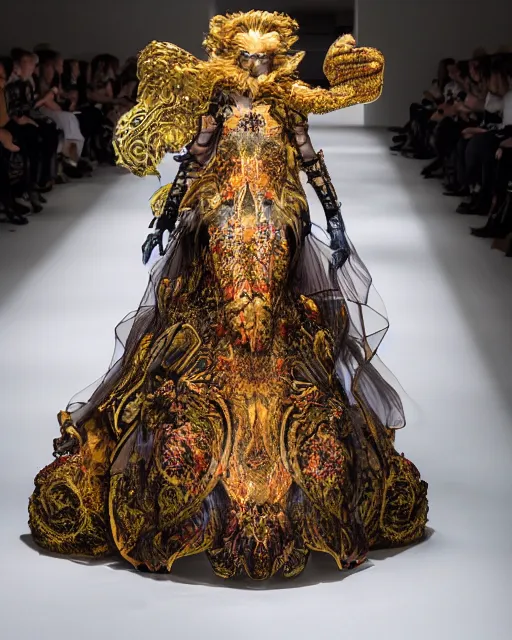 Image similar to fashion model walking down a catwalk, elaborate dress by alexander mcqueen, art by michael whelan and chris moore and howard david johnson and tim white and dan giancola, sigma 8 5 mm f 1 6