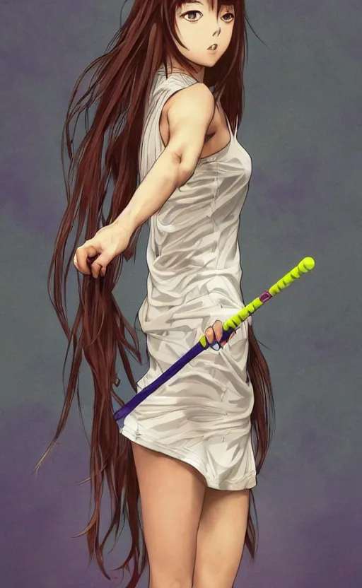 Image similar to badminton girl player, trading card front, anime style, long hair, hair down, symmetrical facial features, hanebado, hyper realistic, pale skin, 4 k, rule of thirds, extreme detail, detailed drawing, trending artstation, hd, sport, d & d, realistic lighting, by alphonse mucha, greg rutkowski, sharp focus, backlit