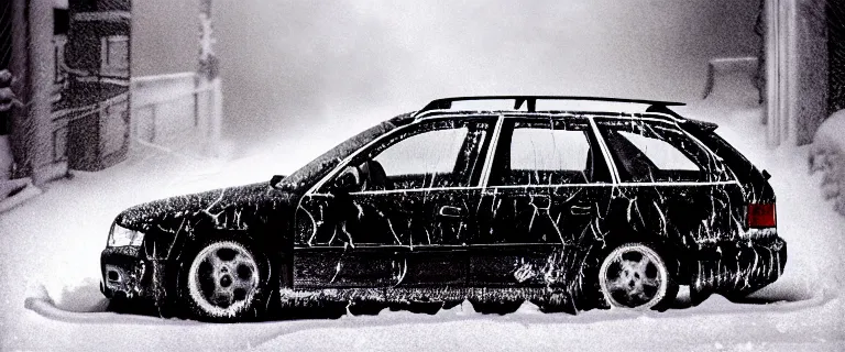 Prompt: Audi A4 B6 Avant (2002), a gritty neo-noir, dramatic lighting, cinematic, eerie person, death, homicide, homicide in the snow, viscera splattered, gunshots, bullet holes, establishing shot, extremely high detail, cracked windows, photorealistic, arson, makeshift grave, cinematic lighting, artstation, by simon stalenhag, Max Payne (PC) (2001) winter New York at night, In the style of Max Payne 1 graphic novel, flashing lights, Poets of the Fall - Late Goodbye