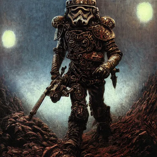 Image similar to Stoned steampunk stormtrooper shoot at drunk mad mushroom-werewolf by Gustave Doré, Greg Rutkowski, Zdzisław Beksiński