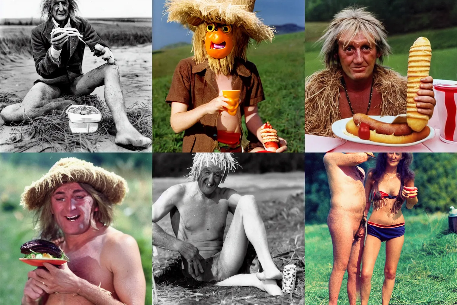 Prompt: Worzel Gummidge wearing a bikini and eating a hot dog