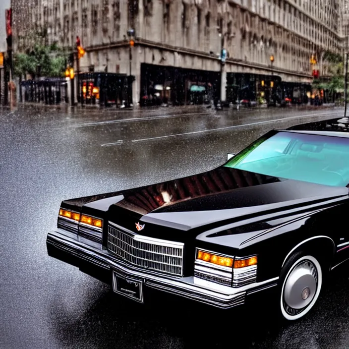 Prompt: hyper realistic, high detail photo of black 1 9 9 2 cadillac de ville, city streets wet, beautiful, dreary lighting