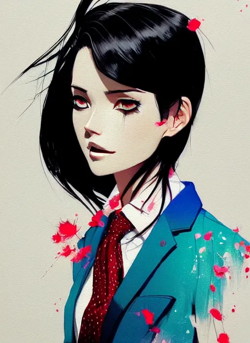 Image similar to a ultradetailed beautiful panting of a stylish woman wearing a shirt with a tie, she has black hair, dancing, by conrad roset, greg rutkowski and makoto shinkai, jesper ejsing, rhads, makoto shinkaitrending on artstation