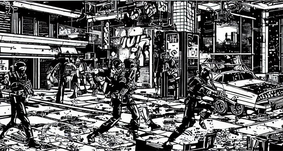 Prompt: 1979Video Game screenshot for Akira style Anime Neo-tokyo Cyborg bank robbers vs police, Set inside of the Bank, Open Bank Vault, Multiplayer set-piece Ambush, Tactical Squads :10, Police officers under heavy fire, Destructible Enviorments, Gunshots, Bullet Holes and Anime Blood Splatter, :10 Gas Grenades, Riot Shields, MP5, AK45, MP7, P90, Chaos, Anime Machine Gun Fire, Gunplay, Shootout, :14 FLCL + LA Machineguns, Cel Shaded:15, Created by Katsuhiro Otomo + Studio Gainax: 20