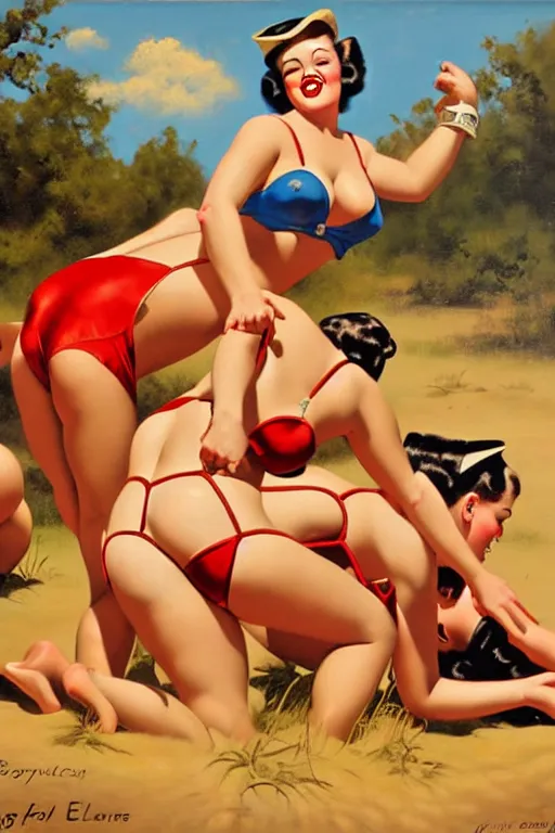 Prompt: 1940s group of pinup bikini girls wrestling in the mud, oil painting, by Gil Elvgren