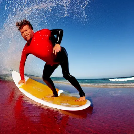 Image similar to a surfer surfing on a large wave of ketchup, through a sea made of ketchup, on a sunny day, 8 k, wide angle photography