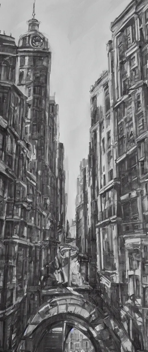 Prompt: Leeds City Centre black and white concept art oil painting