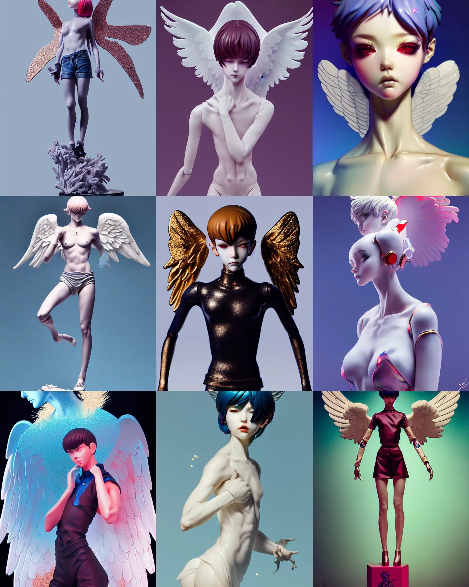 Prompt: james jean, wlop, ilya kuvshinov isolated vinyl figure angel boy, expert figure photography, dynamic pose, interesting color palette material effects, glitter accents on figure, anime stylized, accurate proportions artgerm realism, high delicate defined details, holographic undertones, ethereal lighting, editorial awarded