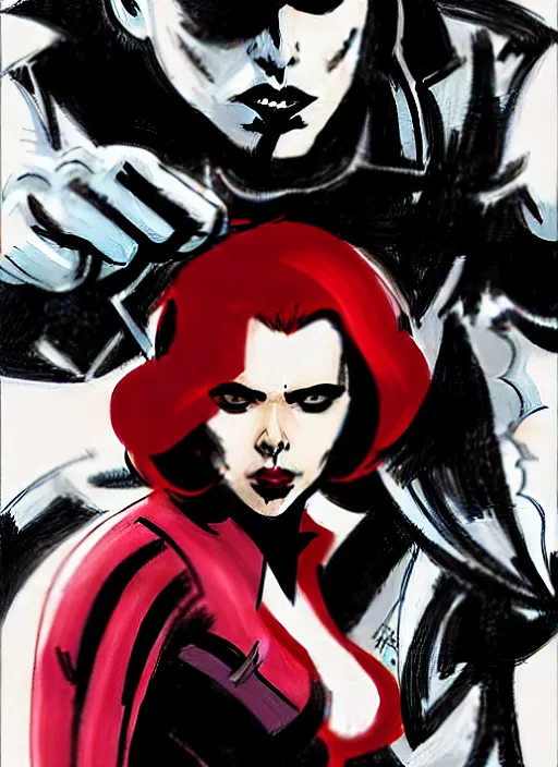 Prompt: style of Rafael Albuquerque comicbook cover art, Scarlett Johansson Black Widow vampire, black background