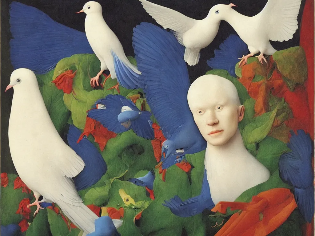 Image similar to Portrait of albino mystic with blue eyes, with beautiful exotic dove. Painting by Jan van Eyck, Audubon, Rene Magritte, Agnes Pelton, Max Ernst, Walton Ford