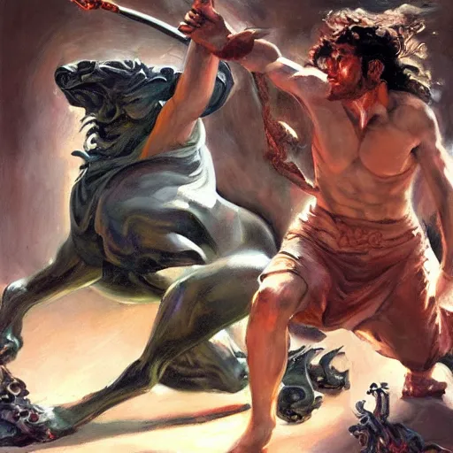 Image similar to detailed illustration of perseus vs medusa, hyper detailed, realistic, oil painting, artwork by greg manchess, cinematic lighting